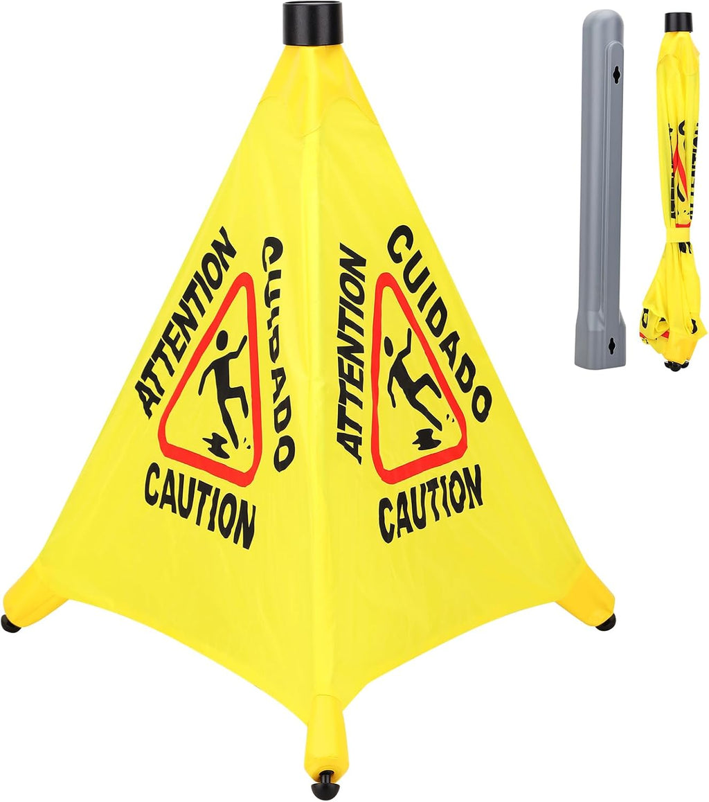 Caution Wet Floor Sign - 20" Height Bright Yellow Four-Sided Folding Pop Up Foldable Design - English Safety Warning