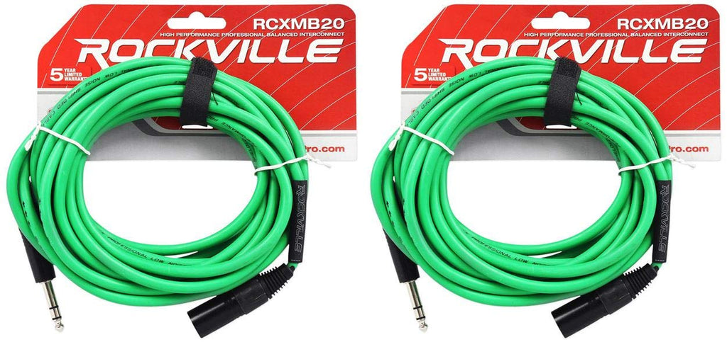 RCXMB20-G Green 20' Male REAN XLR to 1/4" TRS Cable, 2-Pack | Patch Cable, Balanced Audio, Nickel Plated, 24 AWG OFC