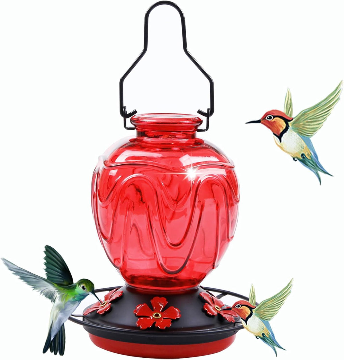 Glass Hummingbird Feeder for Outdoors Hanging, 24Ozs Humming Bird Nectar Feeder w/Perch, 5 Flower Feeding Ports, Leak