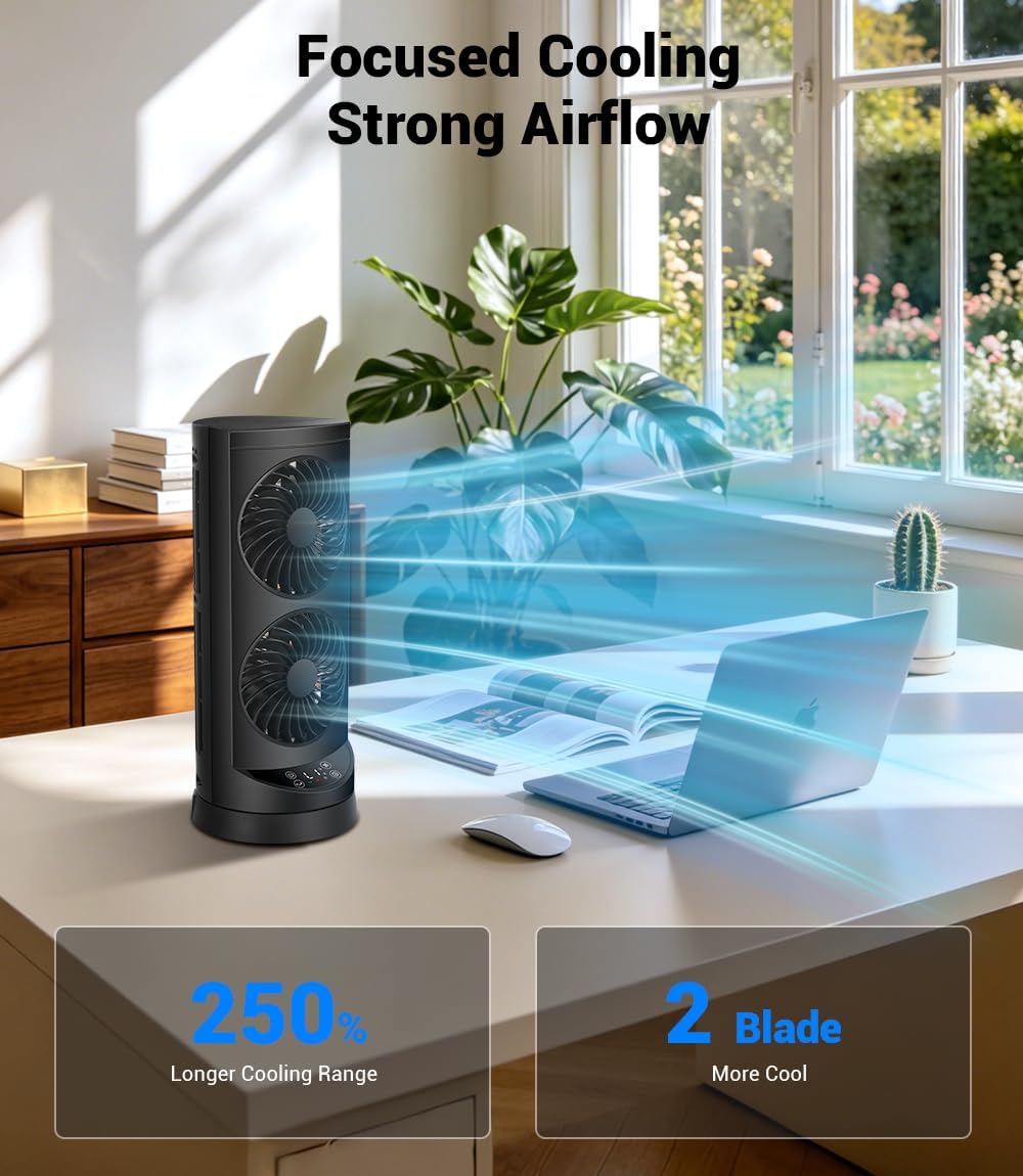 Tower Fan for Bedroom,24 ft/s Portable Desk Table Fan with Remote | 4 Speeds,12H Timer,60° & 110° Oscillating