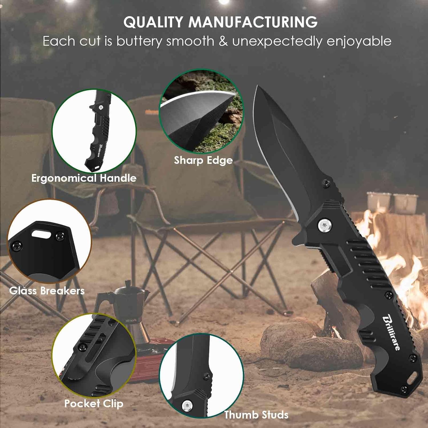 Pocket Knife, Folding Knives Blade 3.3in, Foldable Survival Small Knife with Clip, Liner Lock & Glass Breaker