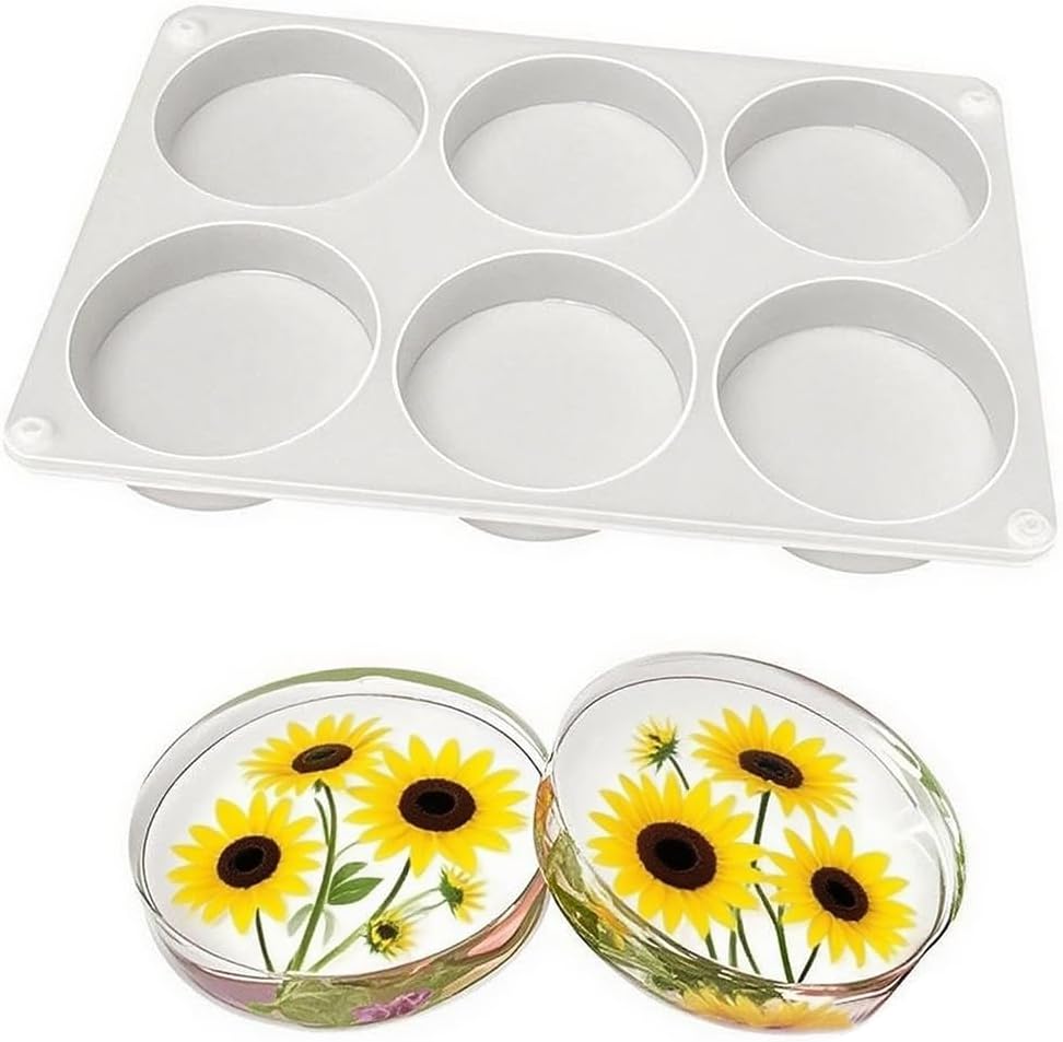 6-Cavity Deep Round Coaster Silicone Molds for Epoxy Resin, 4 Inches Coaster Resin Mold for Flower Bouquet Preservation