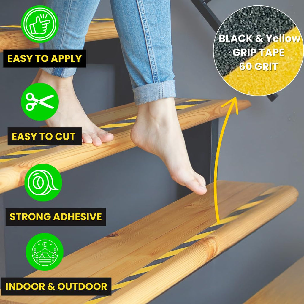Grip Tape - Heavy Duty Hazard Tape Roll - Black and Yellow 2in x 15ft. Waterproof, Non Skid Tape for Stairs & Ramps.