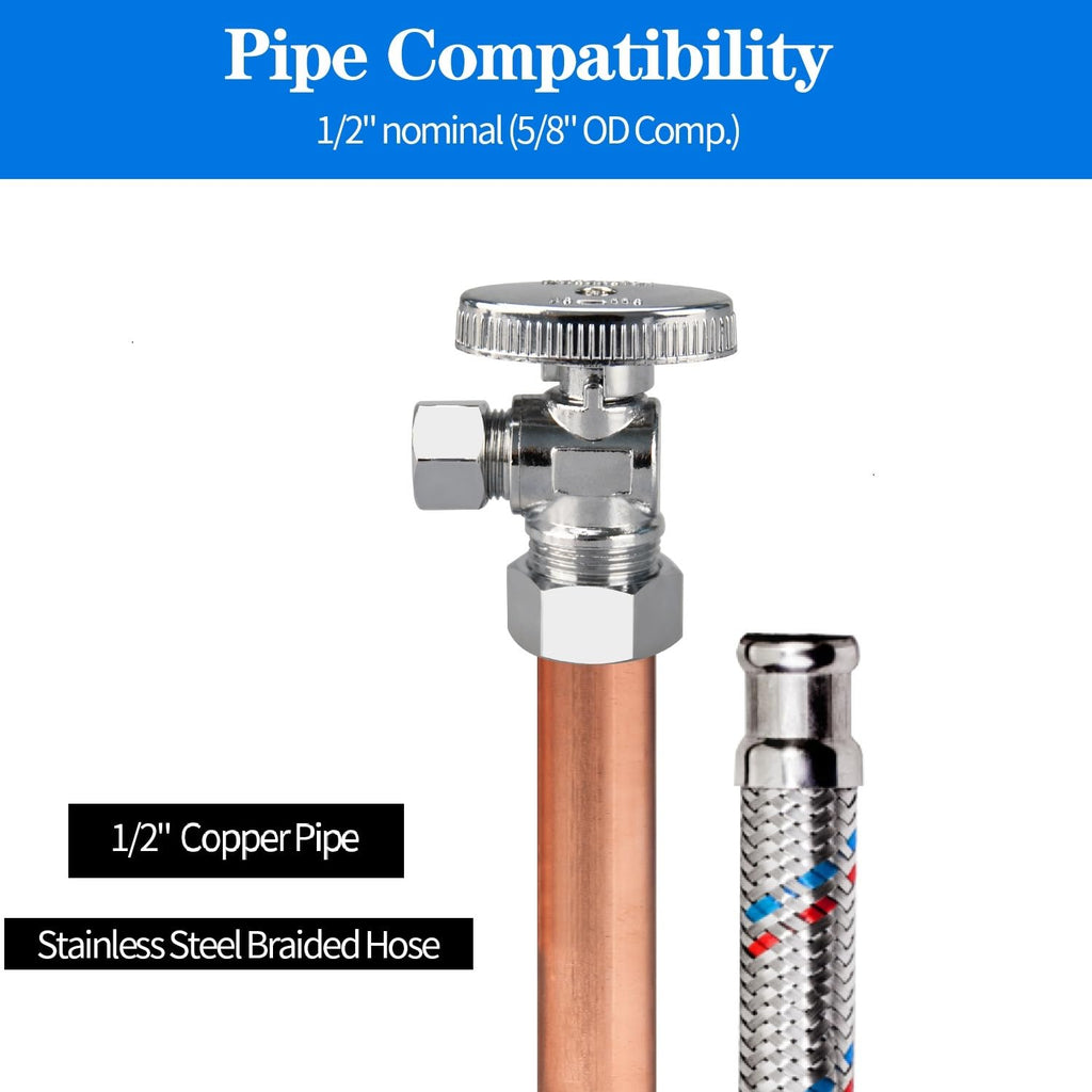 Angle Stop Valve, 1/2" Nominal (5/8" OD Comp.) Angle × 3/8" OD Compression