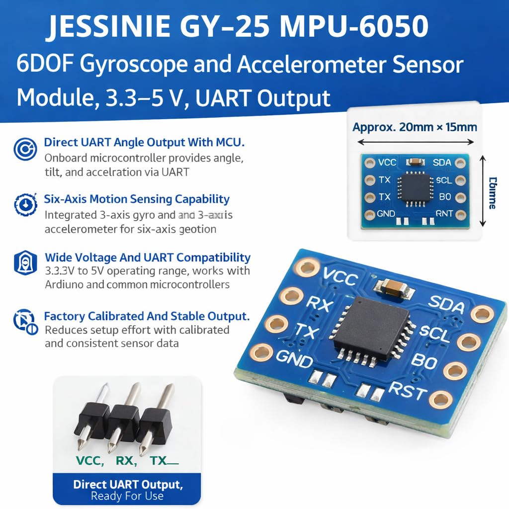 JESSINIE GY‑25 MPU‑6050 6DOF Gyroscope and Accelerometer Sensor Module, 3.3–5 V, UART Output
