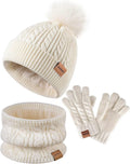 Kids Winter Hat Gloves Scarf Set,Girls Toddler Children Hats Beanie with Pom Knit Neck Warmer Gaiter Mittens Fleece