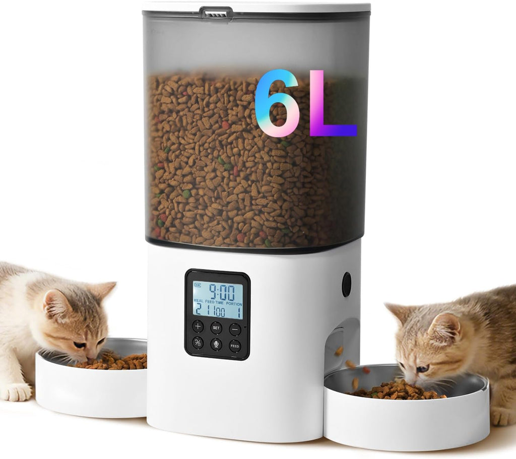 Automatic Cat Feeder for 2 Cats, 6L Cat Food Dispenser with 10s Voice Recorder, Pet Feeder up to 8 Meals per Day