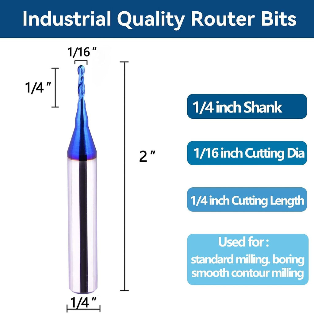 CNC Router bits 1/4" Shank 1/16" Cut Dia Carbide Ball Nose End Mill