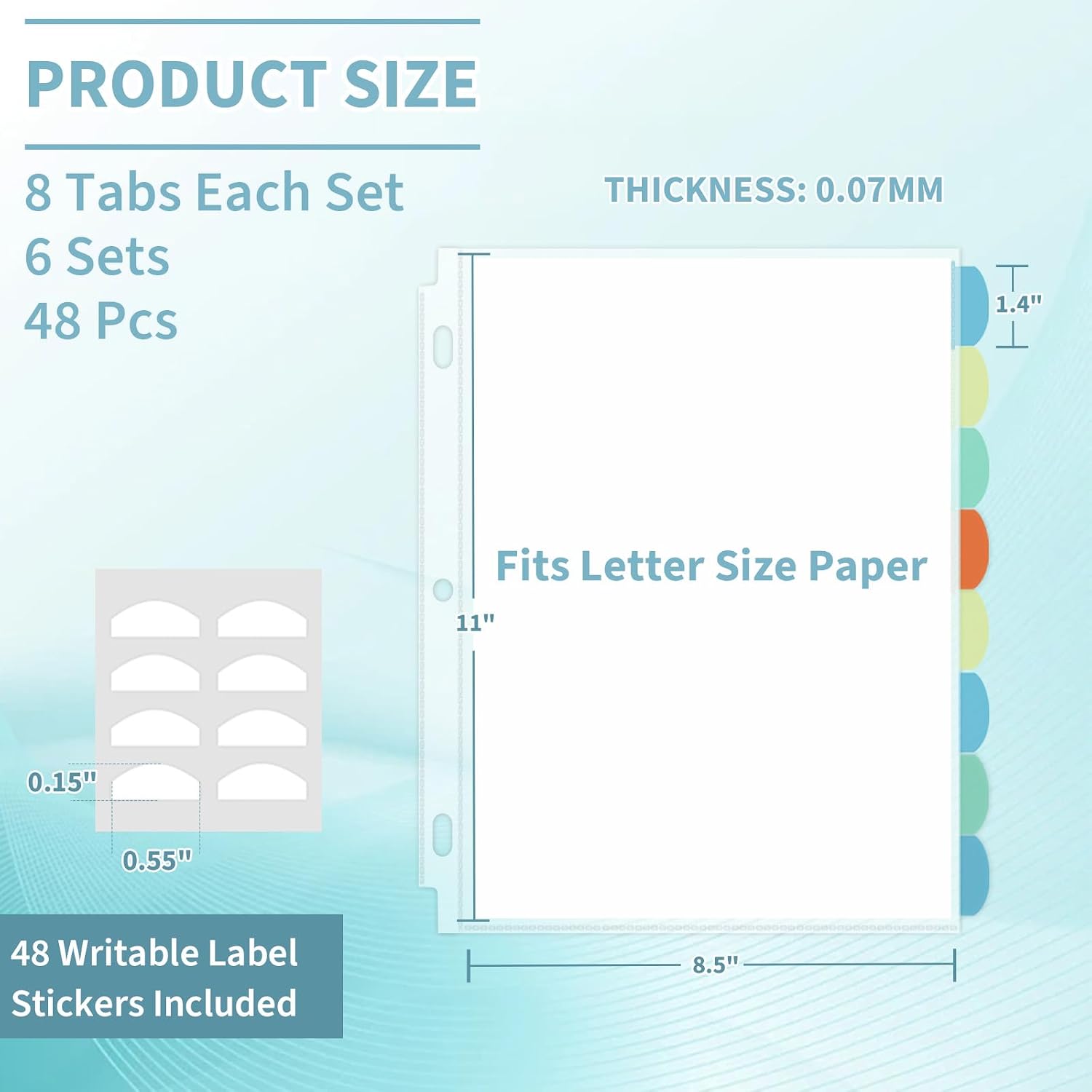 48 Pack Clear Sheet Protectors with 8 Tabs, Letter Size, 6 Sets | Heavy Duty Plastic Dividers for 3 Ring Binder