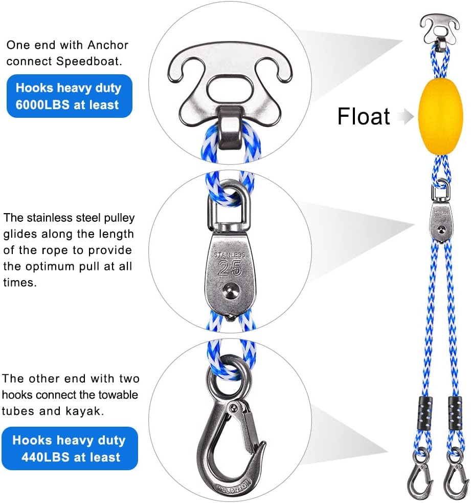 Boat Tow Harness for Tubing, Self Centering Design | Heavy Duty Floating Rope, Stainless Steel Hooks and Pulley