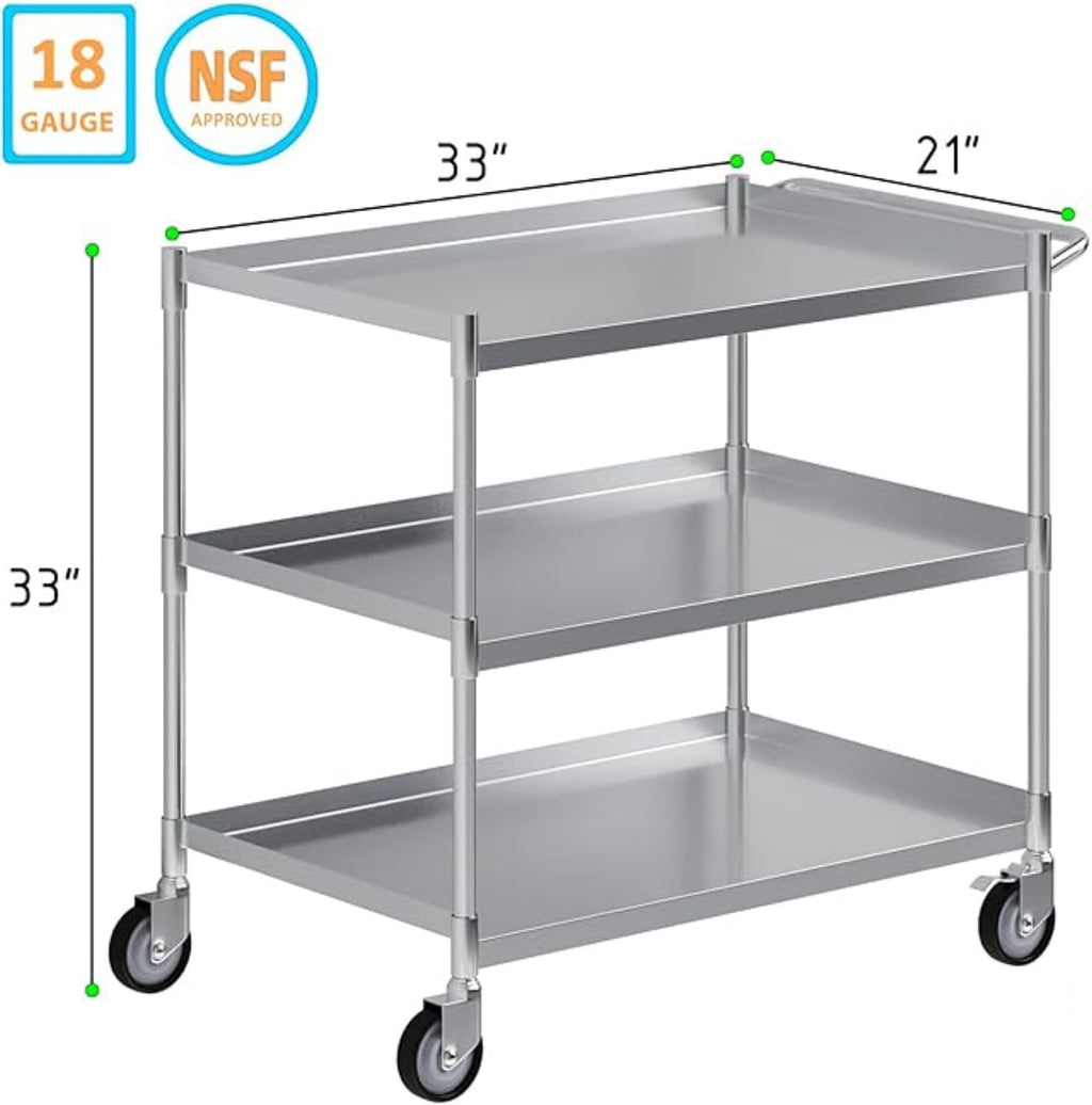 33" x 21" Stainless Utility Cart, 3-Shelf, Casters, NSF