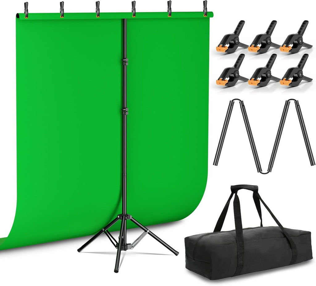 5x6.5ft Green Screen Backdrop Kit with T-Shape Stand and 6 Clamps | Reverse folding base for easy storage &