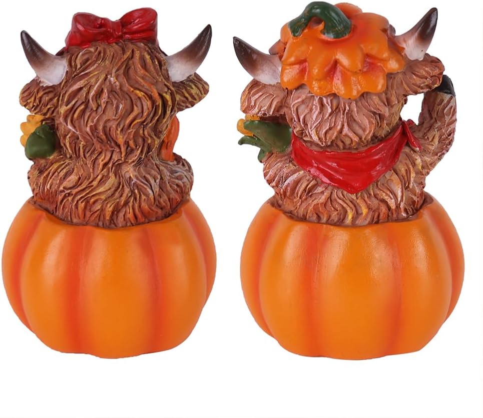 Fall Decorations for Home, 2 PCS Resin Highland Cows Figurines for Fall Decor, Rustic Pumpkin Harvest Ornaments for