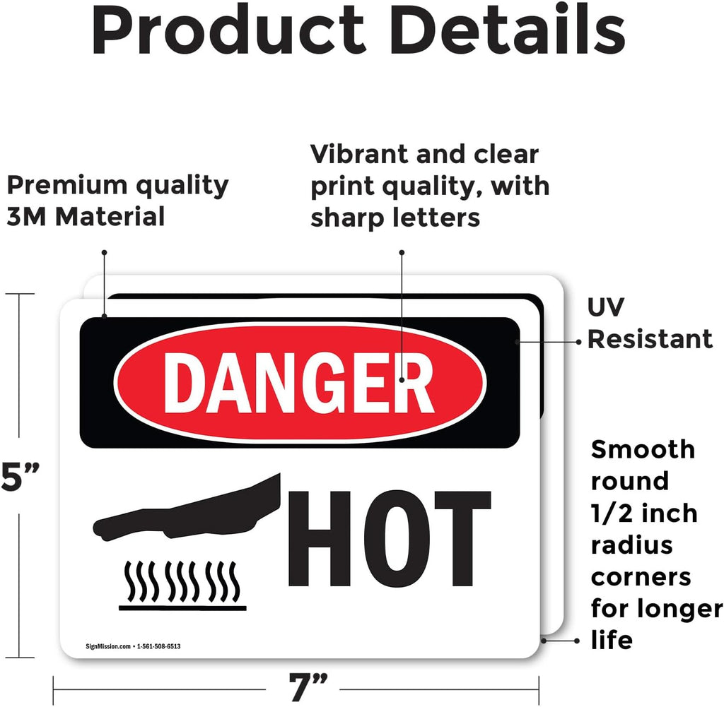 (2 Pack) Hot OSHA Danger Sign 7 Inch X 5 Inch Vinyl Label Decal Sticker Weather Resistant, UV Protected for