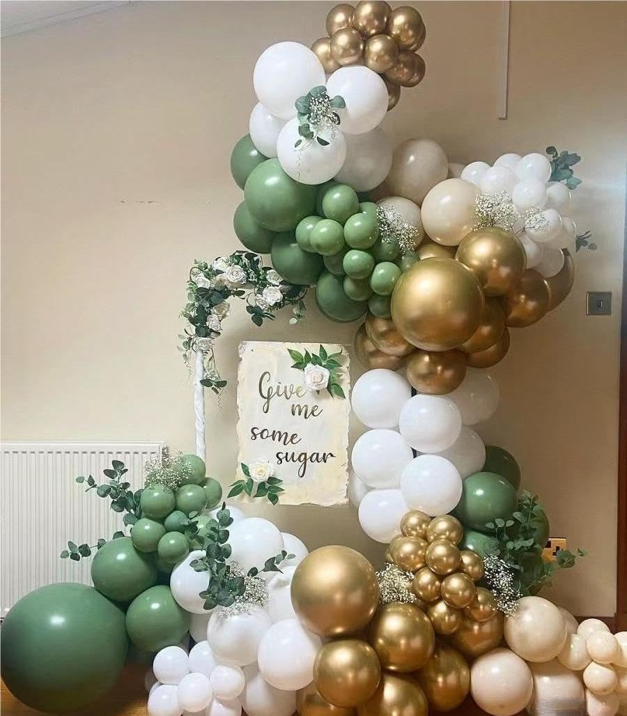 Sage Green White Gold Balloon Garland Arch Kit, 146Pcs Latex Balloons Different Sizes 18 12 10 5 Inch for Birthday