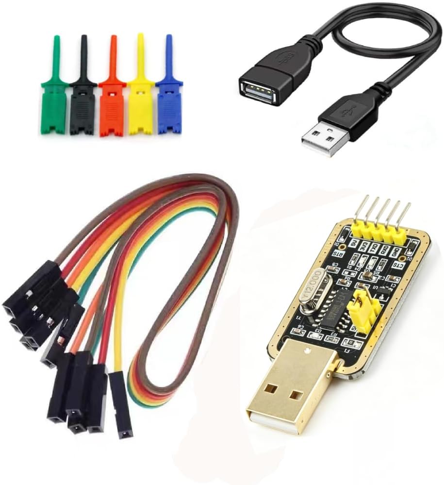 2-Pack USB to TTL Serial Adapter with 1m Cable & 10 Test Clips, CH340G USB to UART Converter Module for Microcontroller Programming, Development Board & Router Flashing
