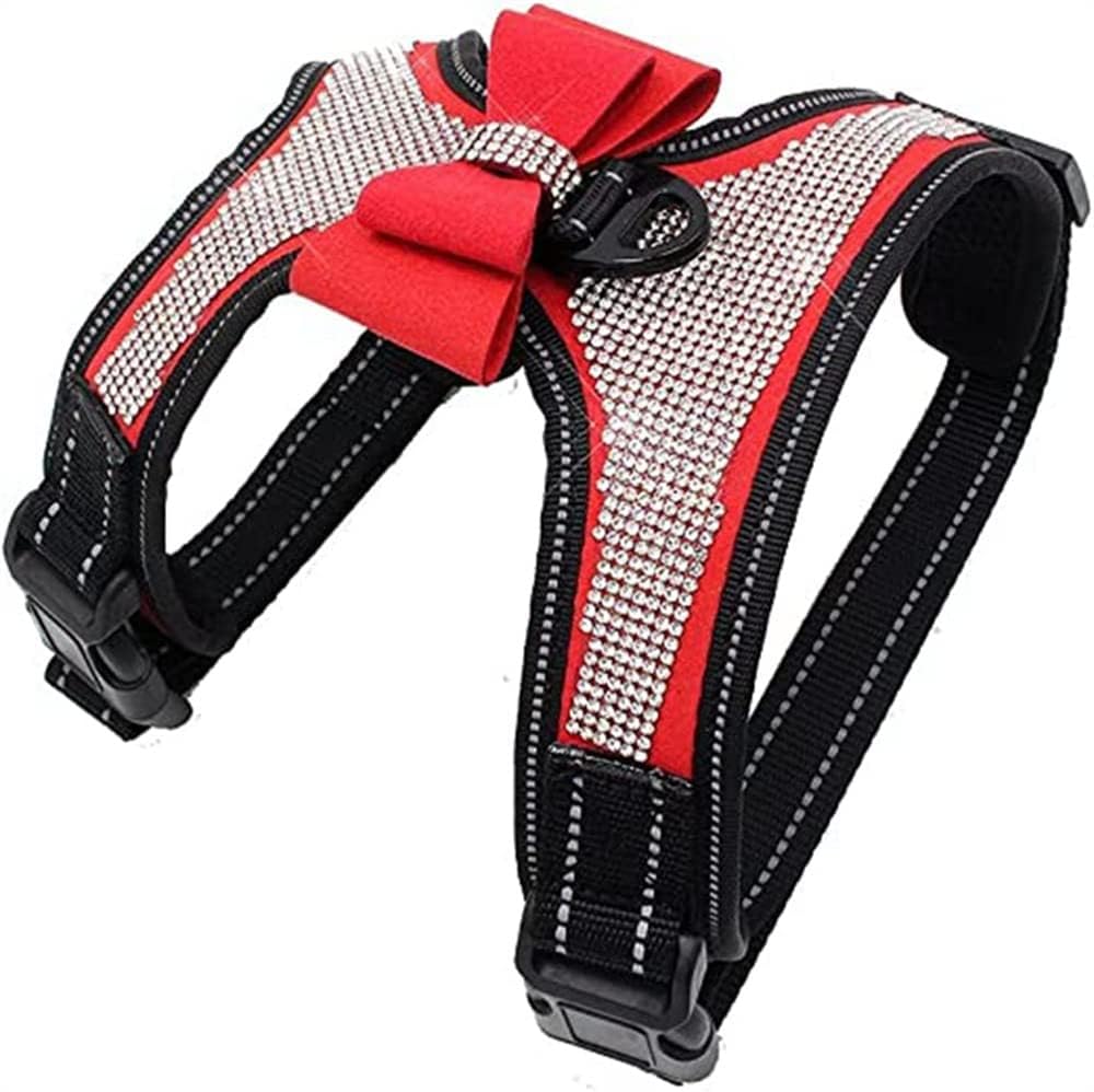 Red Bling Girl Dog Harness,Rhinestone Cat Bow Tie Frenchie Vest Harnesses Female Puppy Kitty Cute Fancy Sparkling