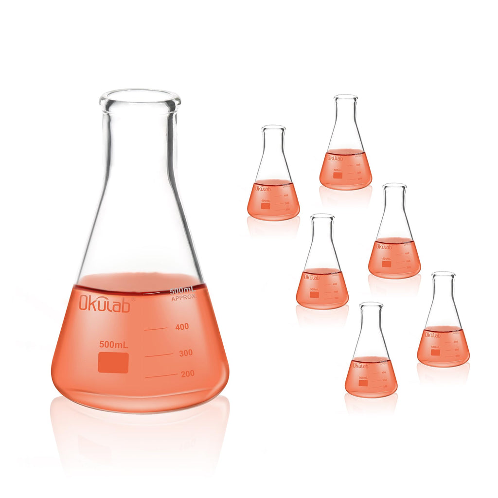 Conical Flasks Set, 500 mL Glass Erlenmeyer Flasks, Narrow Mouth, 3.3 Borosilicate Glass Conical Flask Set (case of