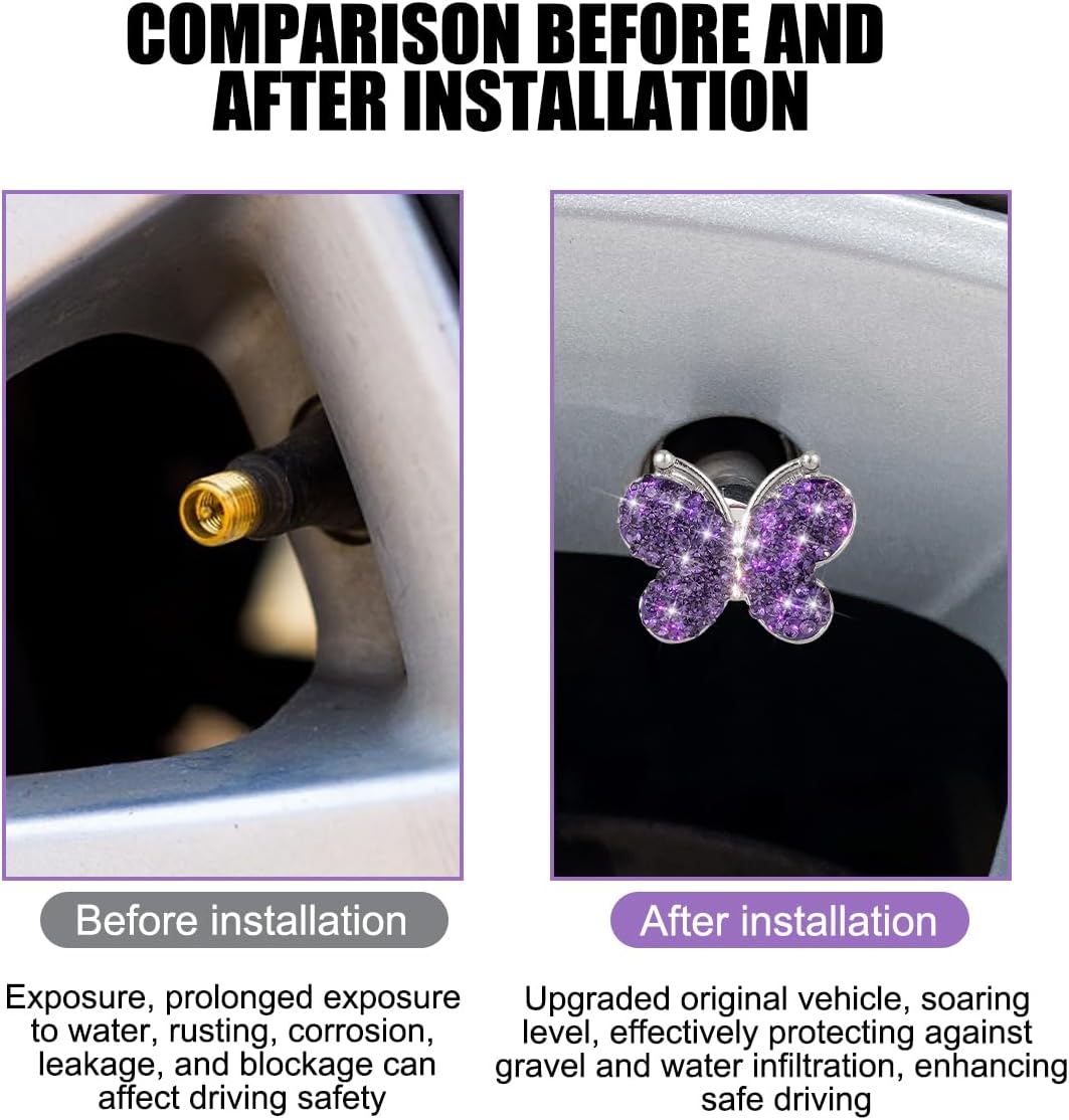 4PCS Bling Butterfly Rhinestone Tire Valve Stem Caps, Purple