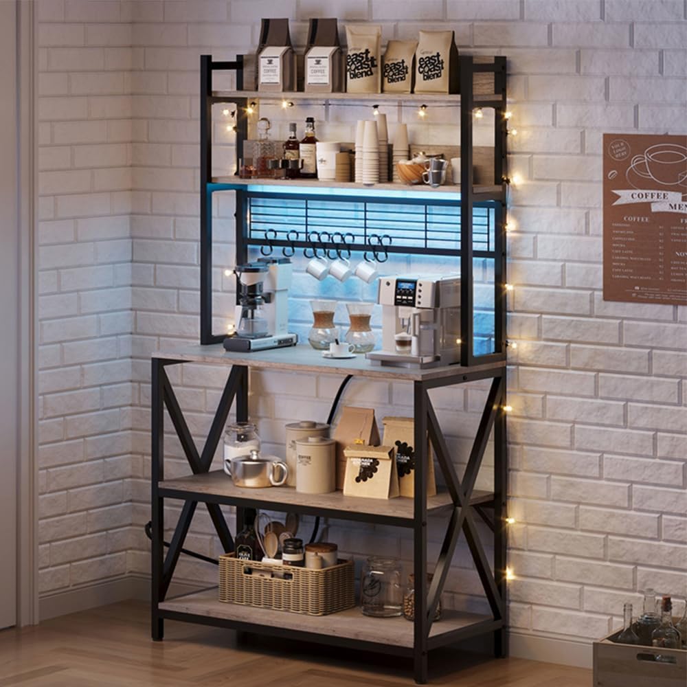 5-Tier Bakers Rack Coffee Bar with LED Lights & Power Outlet,Gray