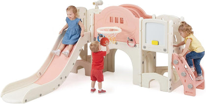 10 in 1 Toddler Slide Set, Kids Slide and Climber Playset with Magnetic Whiteboard, Ring Toss, Basketball Hoop