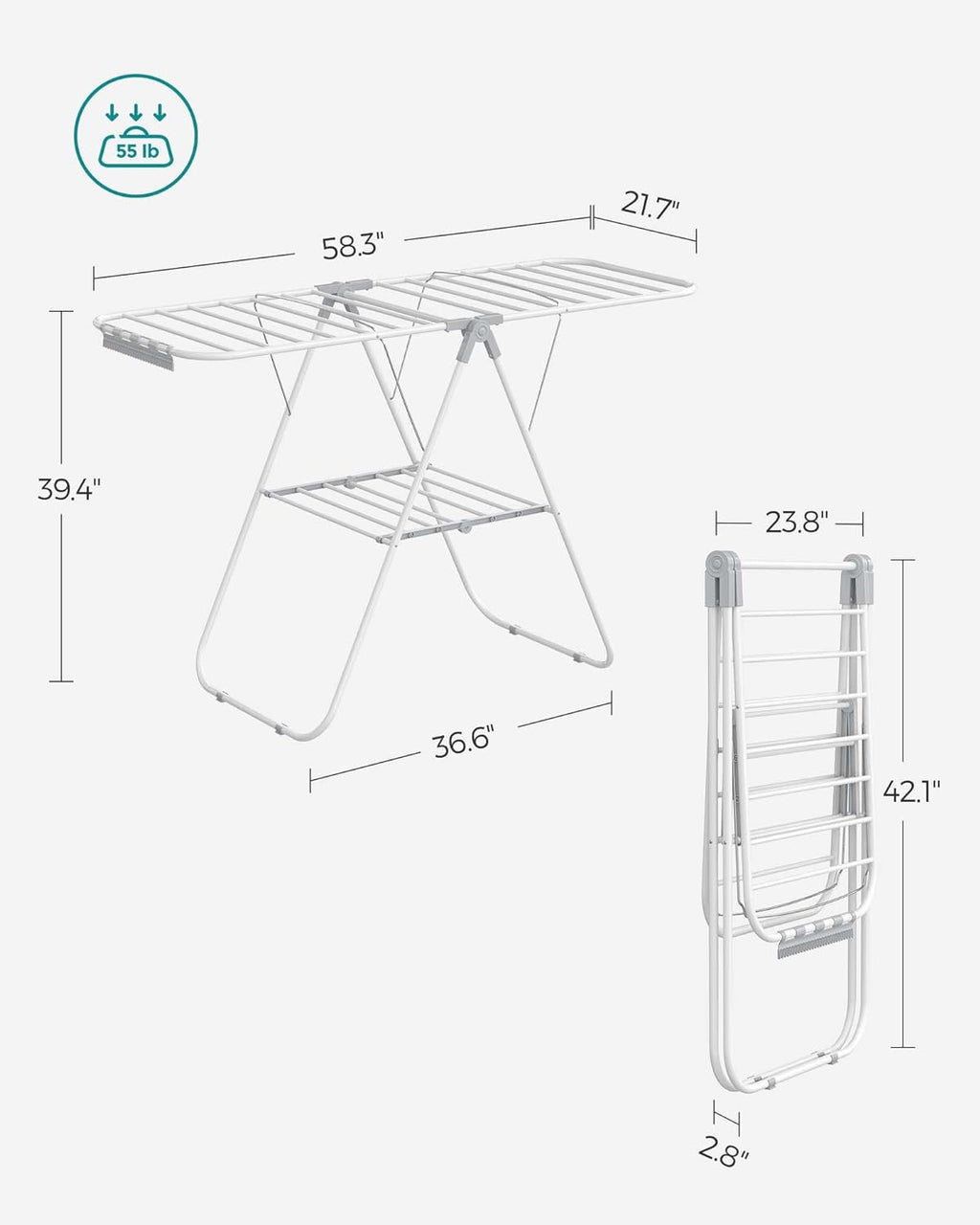 Clothes Drying Rack, with Sock Clips, Metal Laundry Rack, Foldable, Space-Saving, Free-Standing Airer, with 2