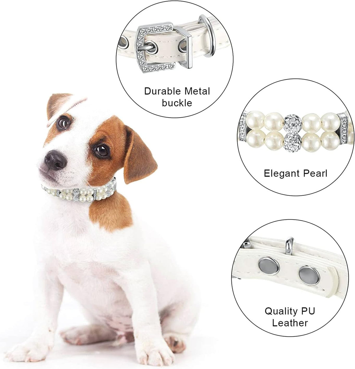 White Pearl Dog Collars for Small Dogs, Beaded Cat Collar with Crystal, XS