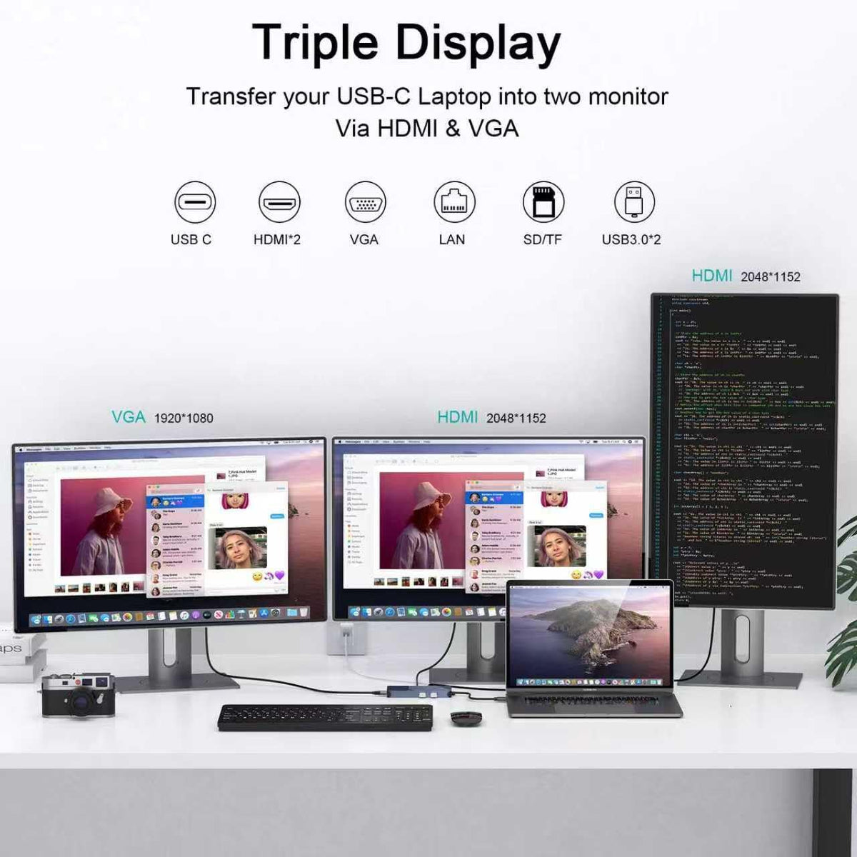 USB Docking Station GIQ USB C HUB USB 3.0 to Dual HDMI VGA Adapter Triple Display USB C Laptop Docking Station Dual