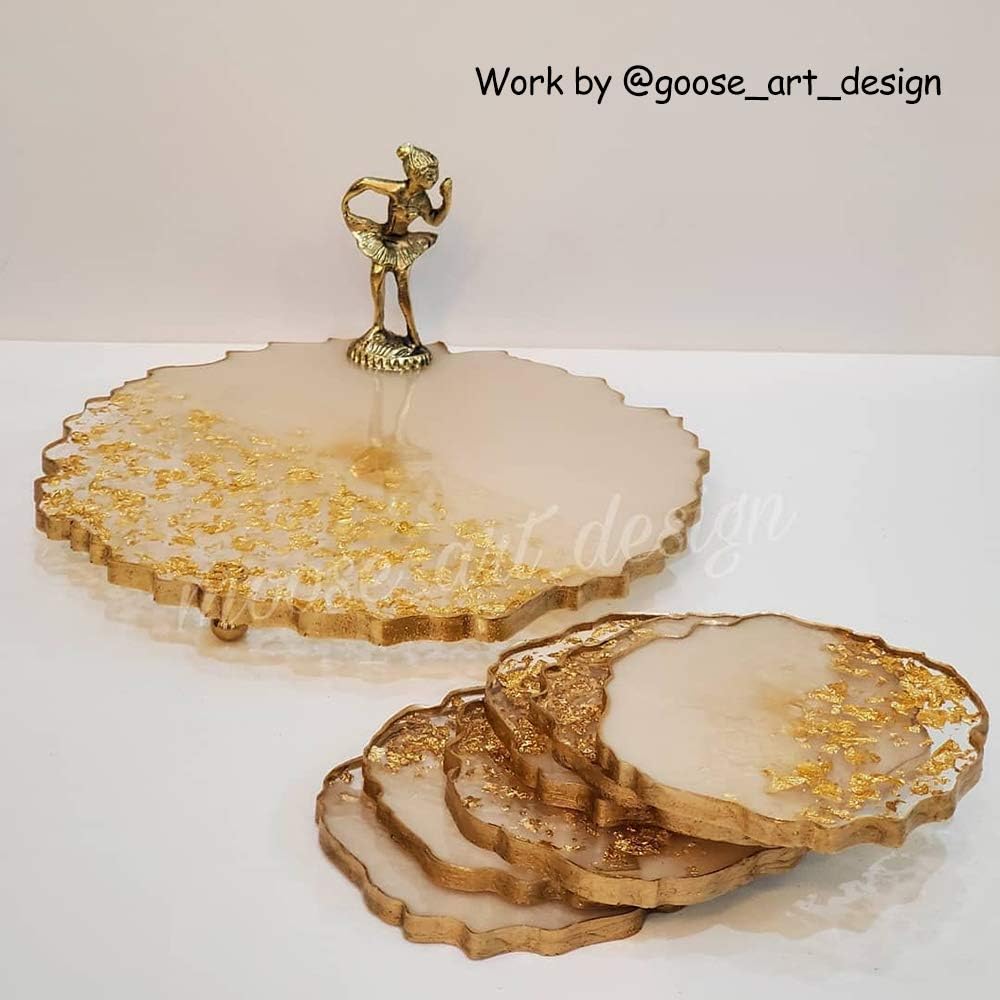 5 Pack Silicone Resin Molds, 1 Pcs Large Tray Mold for Resin + 4 Pack Geode Agate Coaster Molds, Round Tray and