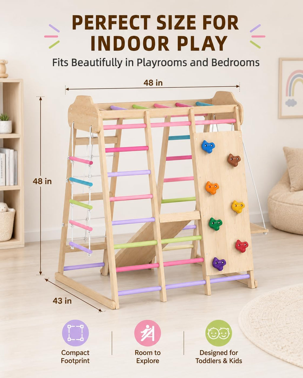9-in-1 Indoor Playground for Toddlers, Montessori Wooden Jungle Gym Kids Climbing Indoor with Slide, Swing, Monkey