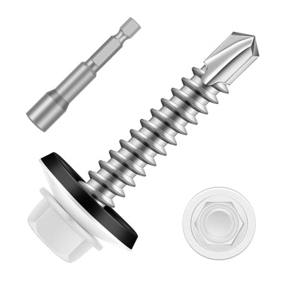#12 x 2 Zinc Plated Steel Self Drilling Roofing Screws, Hex Head Self Tapping Screws with EPDM Washer, White Head, 50