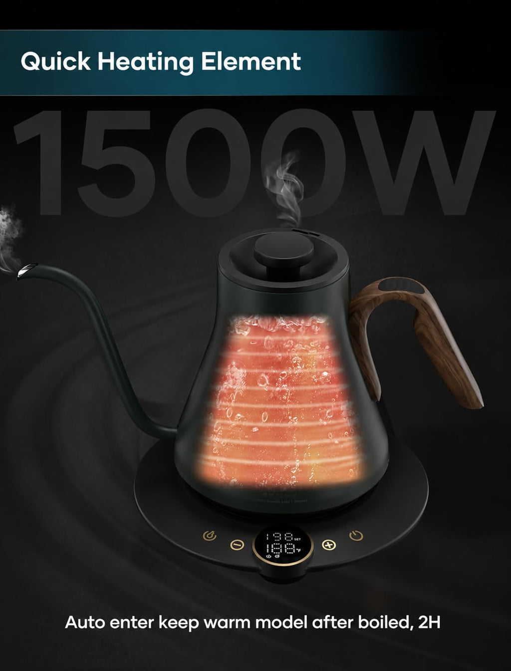 Gooseneck Electric Kettle with ±1℉ Temperature Control 0.9 Liter | 1500W Quick Heating, Stainless Steel Inner, Pour