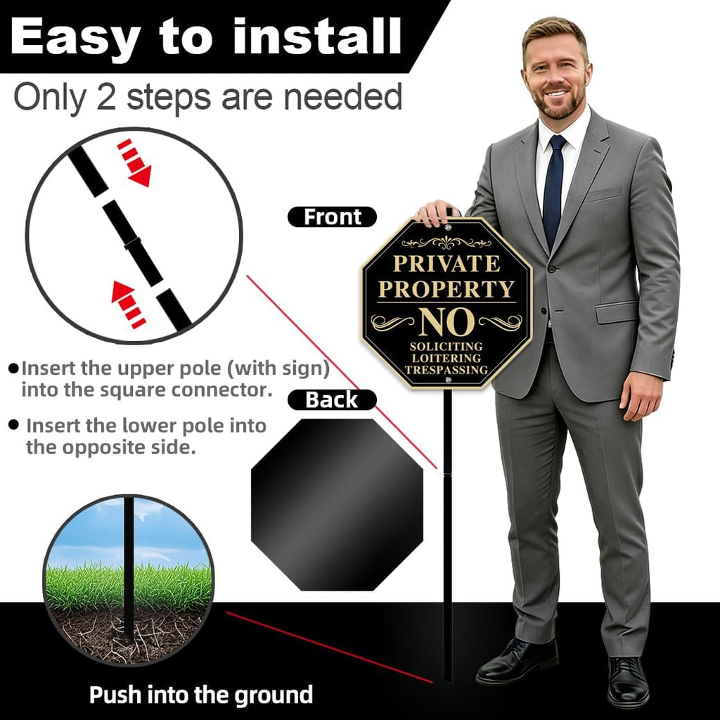 Private Property No Trespassing Sign with Stake, 11x11 inch/30 inch High, No Soliciting Sign for House, Weatherproof
