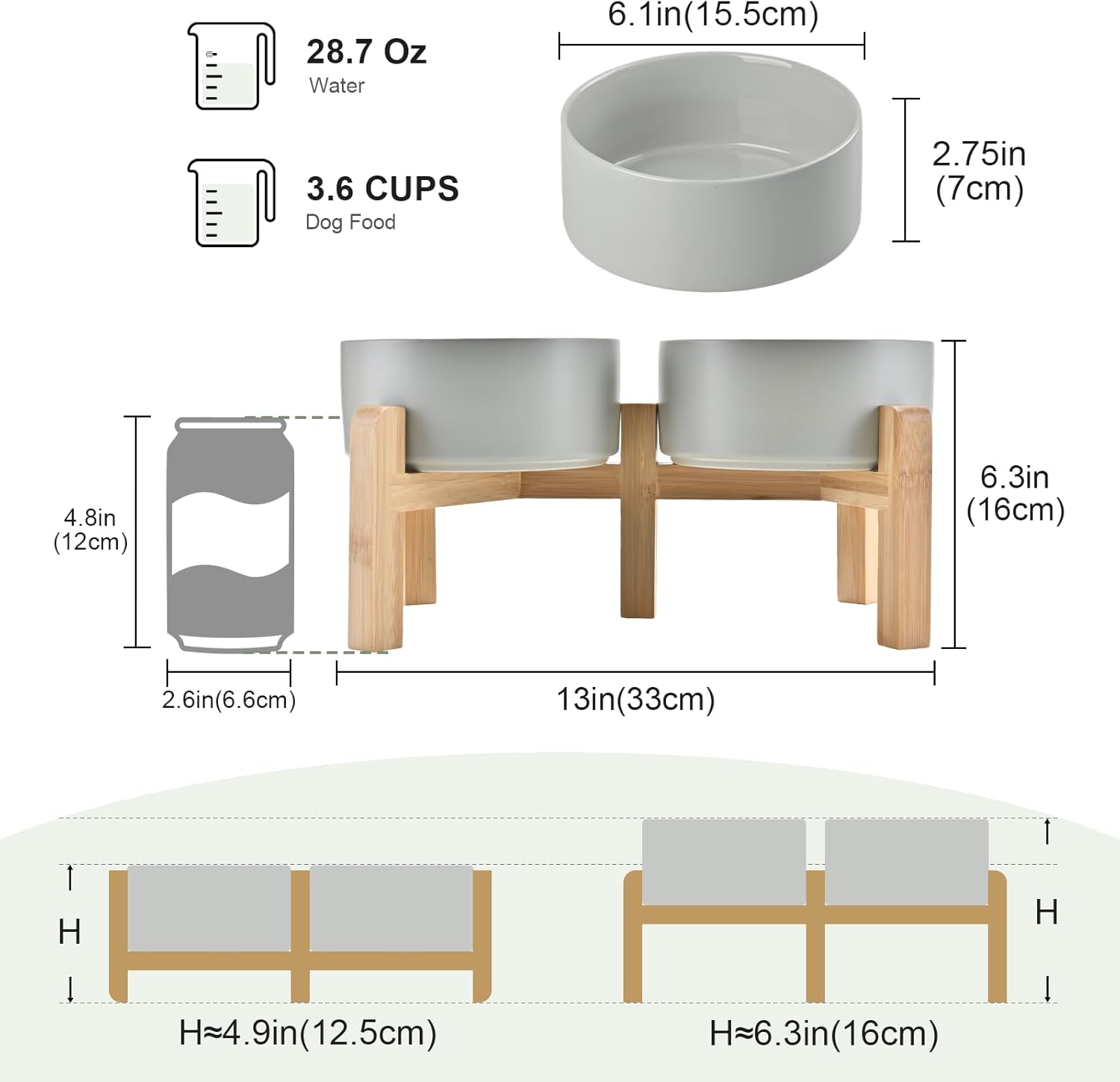 Elevated Dog Bowls Ceramic, 6.1'' Dogs and Cat Food Water Bowls Raised with Non-Slip Bamboo Stand for Medium Sized