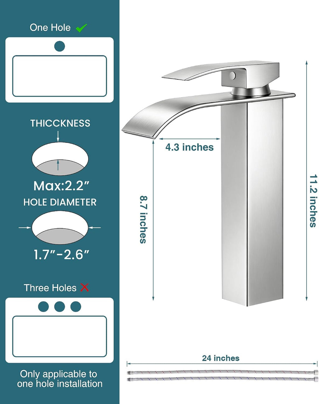 Brushed Nickel Bathroom Faucet 1 Hole Waterfall Vessel Sink Faucet