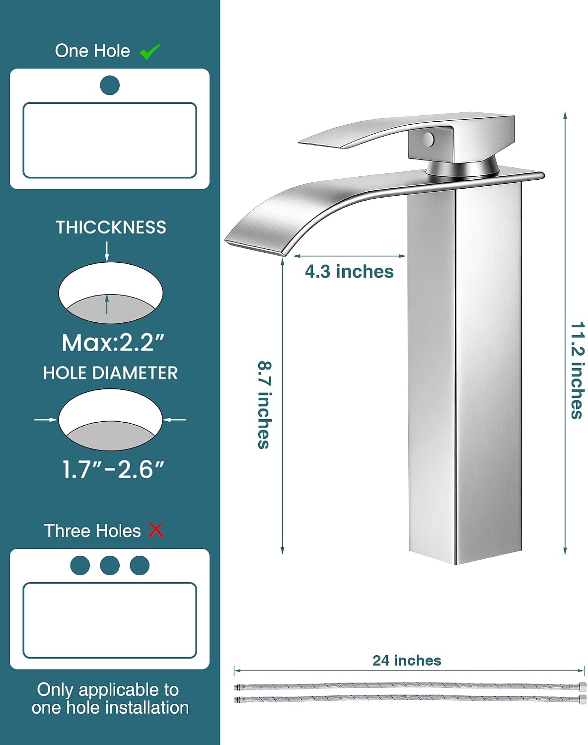 Brushed Nickel Bathroom Faucet 1 Hole Waterfall Vessel Sink Faucet