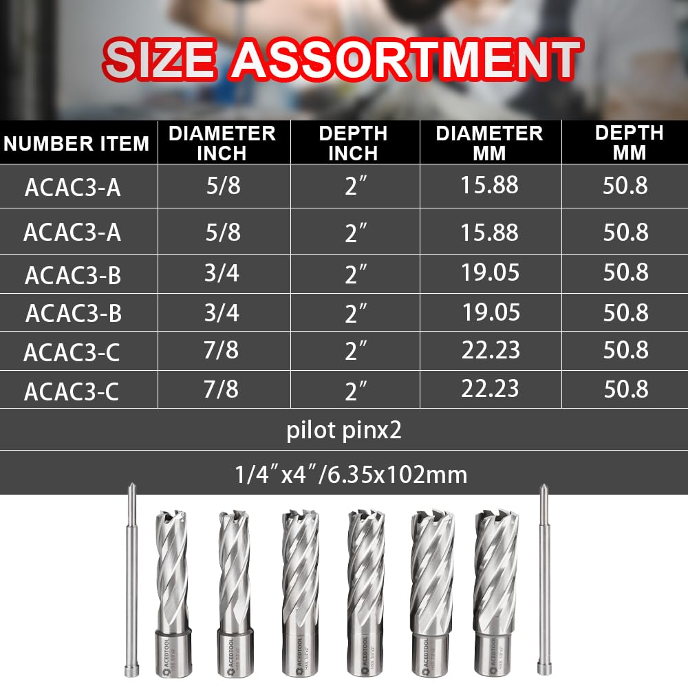 Annular Cutter Set, 6pcs, 5/8", 3/4", 7/8" Cutting Diameter