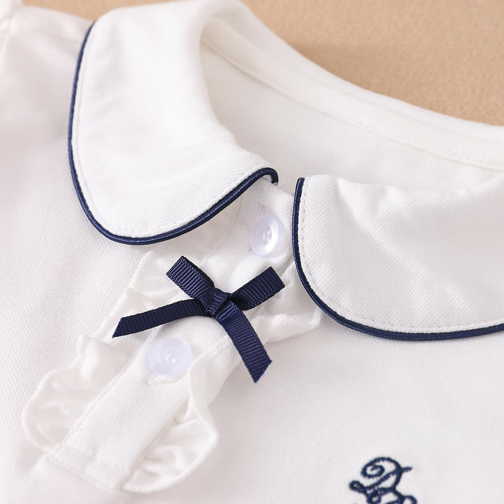 Girls White Long Sleeve Polo Shirt, Peter Pan Collar with Navy Bow Detail, Preppy Top for Toddler Little Girl 2T-7 Years