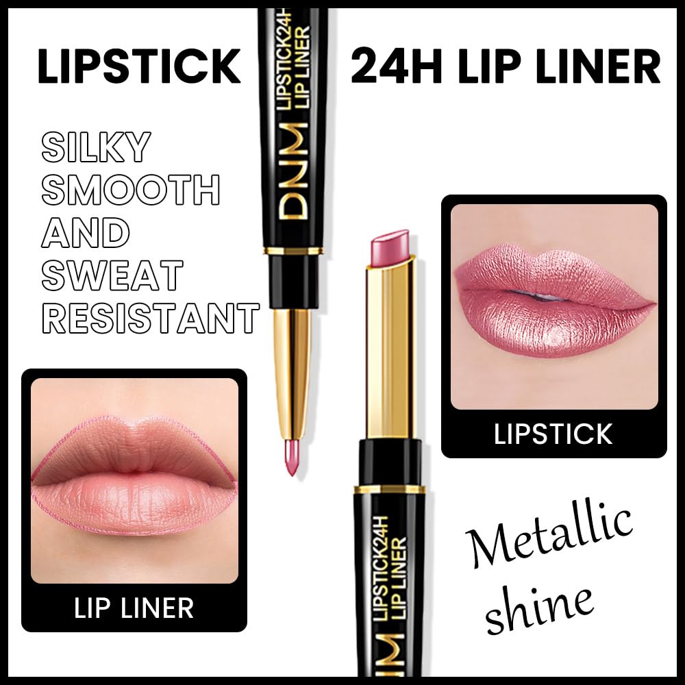 3Pcs Light Pink Nude Brown Metallic Shine Shimmer Lip Liner and Lipstick Combo Set Kit for Women, Lightweight