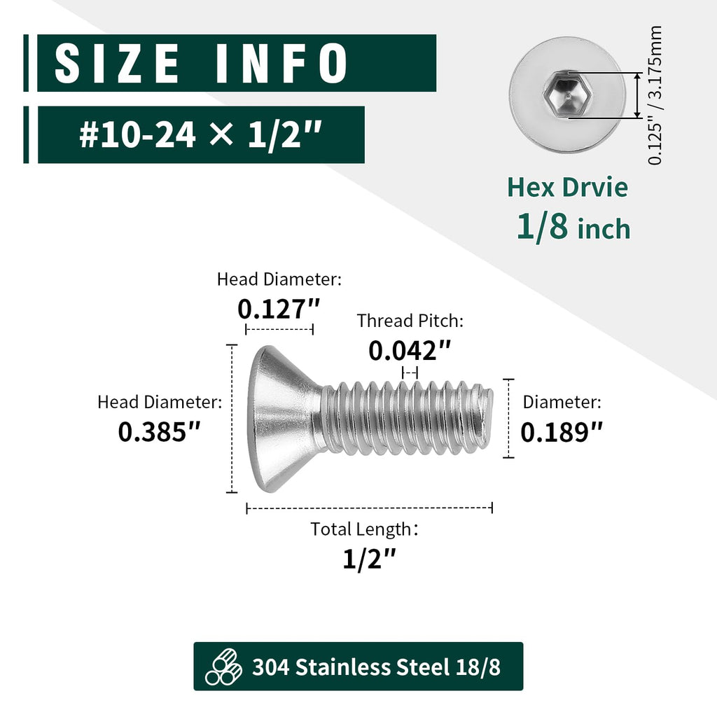 #10-24 x 1/2" Flat Countersunk Head Socket Cap Screws, 304 Stainless Steel 18-8 SS, Full Machine Thread Coverage, Allen Hex Drive, 50 PCS