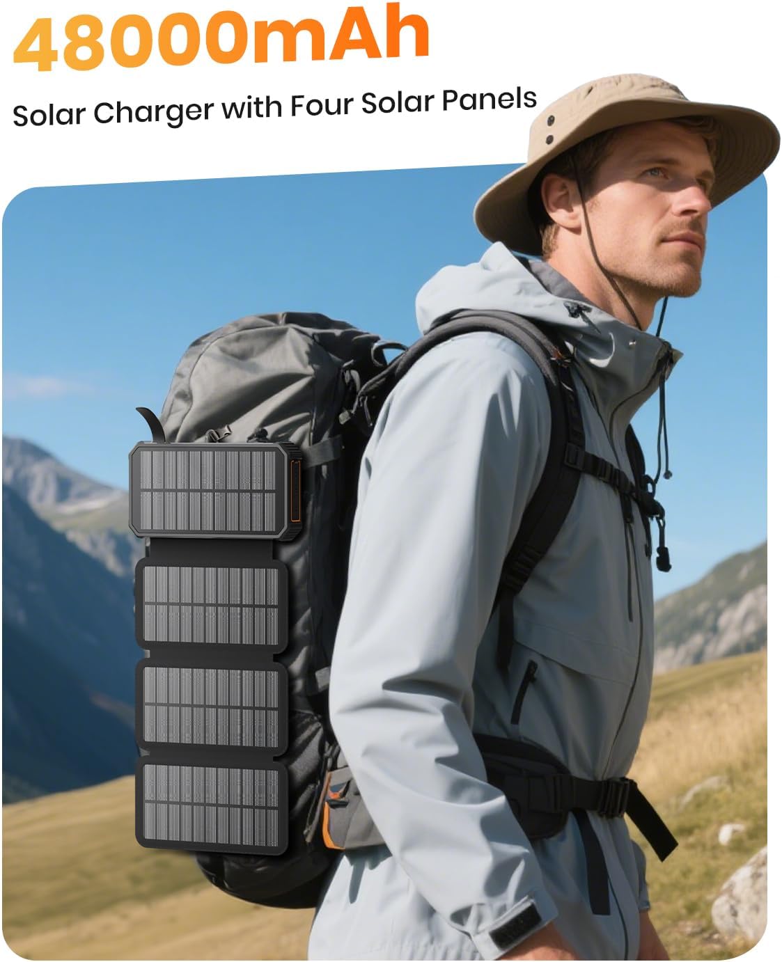 Solar Charger Power Bank - 48000mAh Wireless Portable Charger Built-in 4 Cables and 4 Solar Panels, PD QC 3.0 Fast