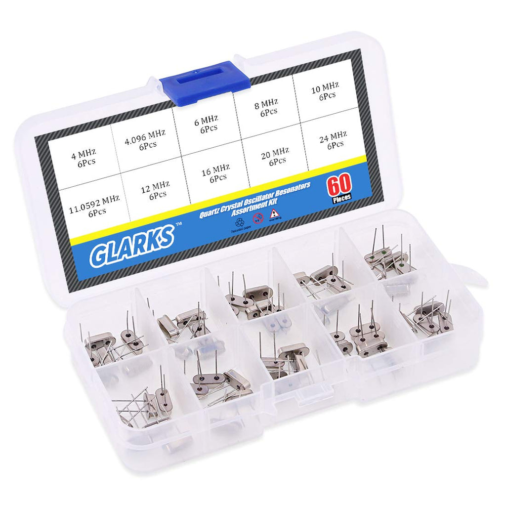 Glarks 60Pcs 10-Values Quartz Crystal Oscillator Resonators Assortment Kit 4MHz, 4.096MHz, 6MHz, 8MHz, 10MHz, 11.0592MHz, 12MHz, 16MHz, 20MHz, 24MHz