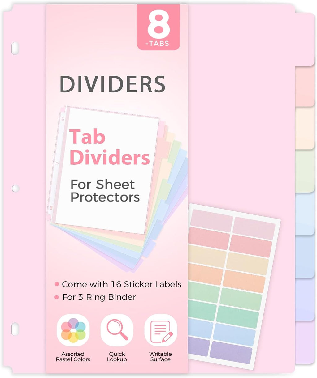 Large Binder Dividers,Tabs Viewable Beyond Sheet Protectors,8-Tab,1sets,Durable Plastic Dividers for 3 Ring Binder