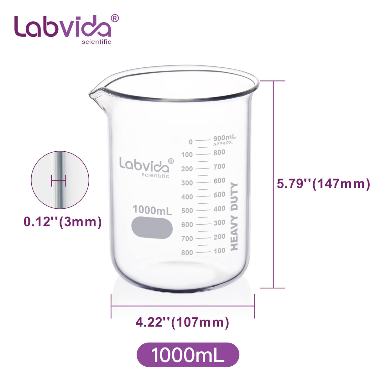 2pcs 1000ml Upgrated Thick Glass Beakers, Griffin Low Form Beaker Set with Double Scale, 3.3 Boro, LVA014