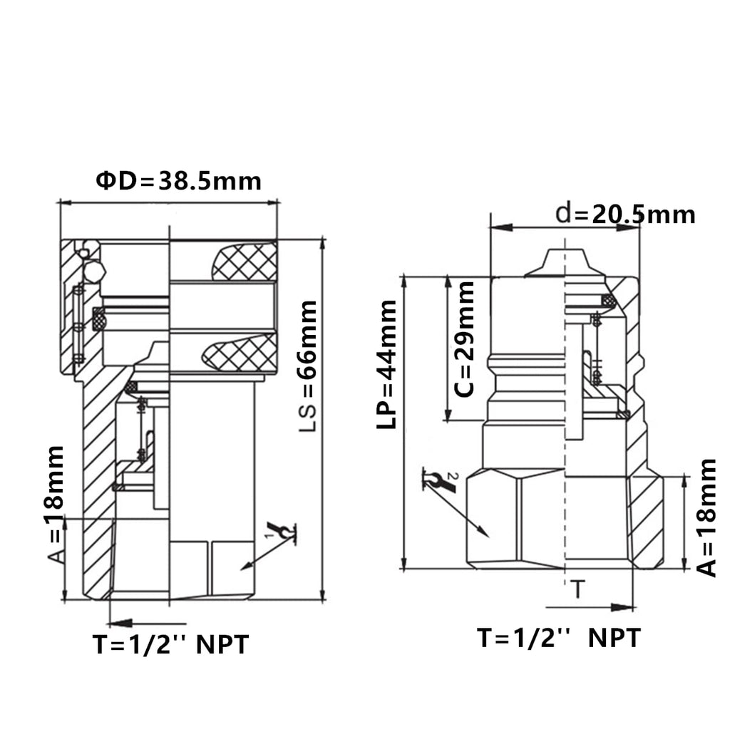 2 Sets 1/2'' NPT Ag Poppet Valve Tractor Hydraulic Quick Connect Coupling Quick Coupler ISO7241-A/ISO5675 W/Dust Caps Replace 6600 Series