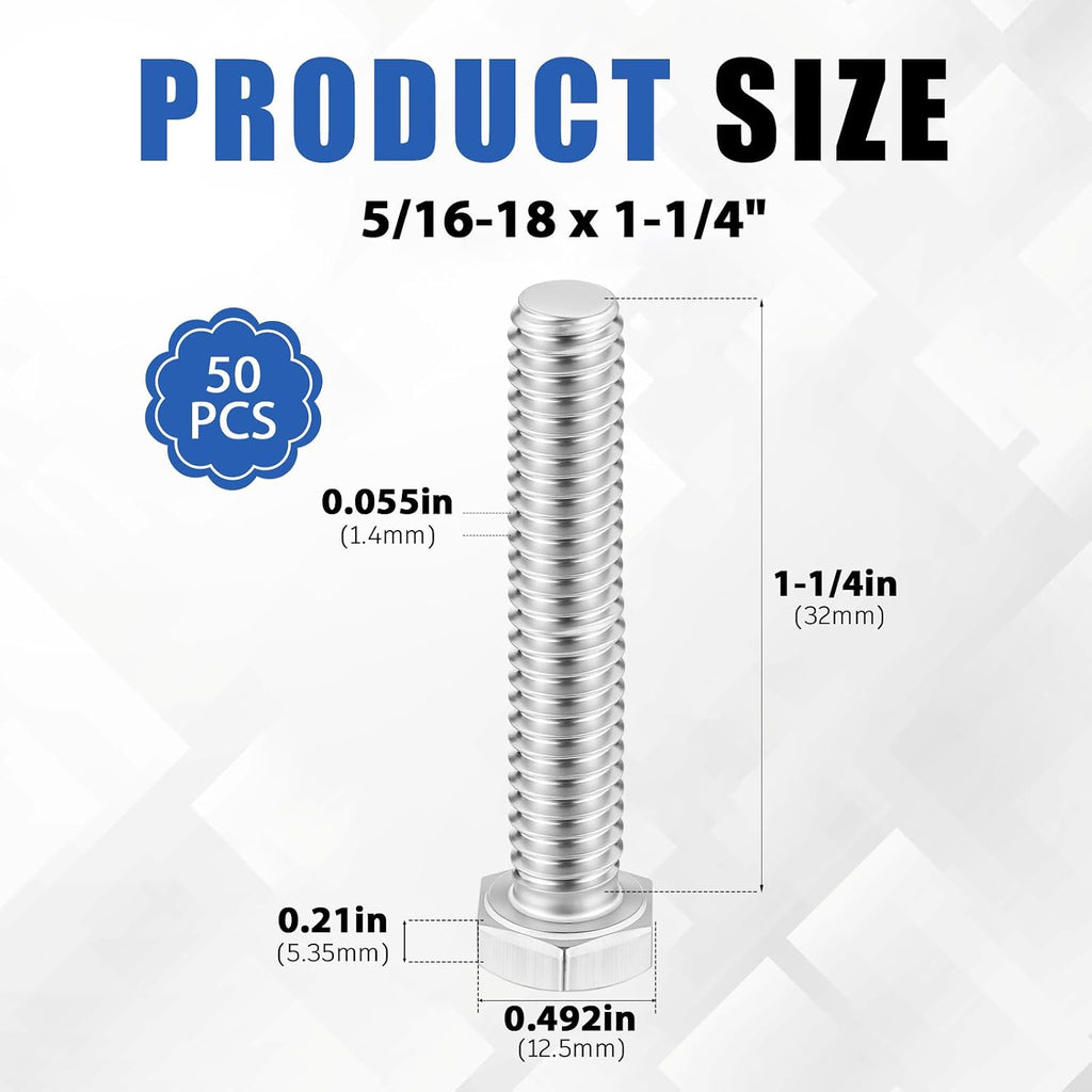 Zonon 50 Pcs 5/16-18 x 1-1/4" Hex Head Screw Bolt, Silver
