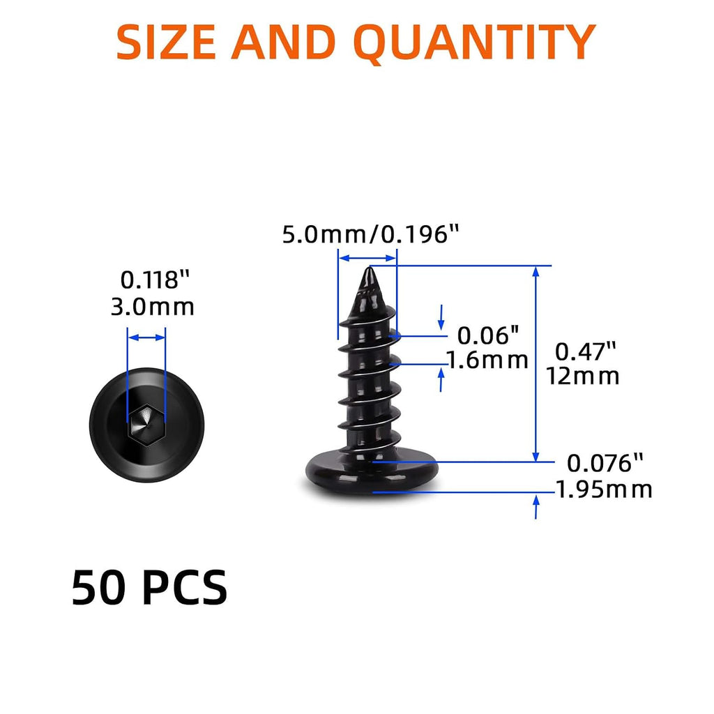 M5 x 12mm Flat Head Socket Cap Self Tapping Screws, 304 Stainless Steel, Hex Drive, Black Finish, 50 PCS