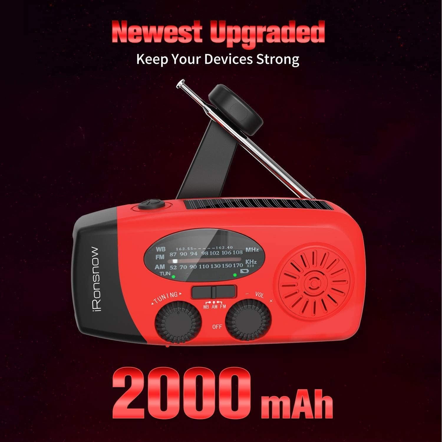 Solar Emergency Hand Crank Weather Radio, 2000mAh NOAA AM/FM | Portable Self Powered Radios with SOS Alarm LED