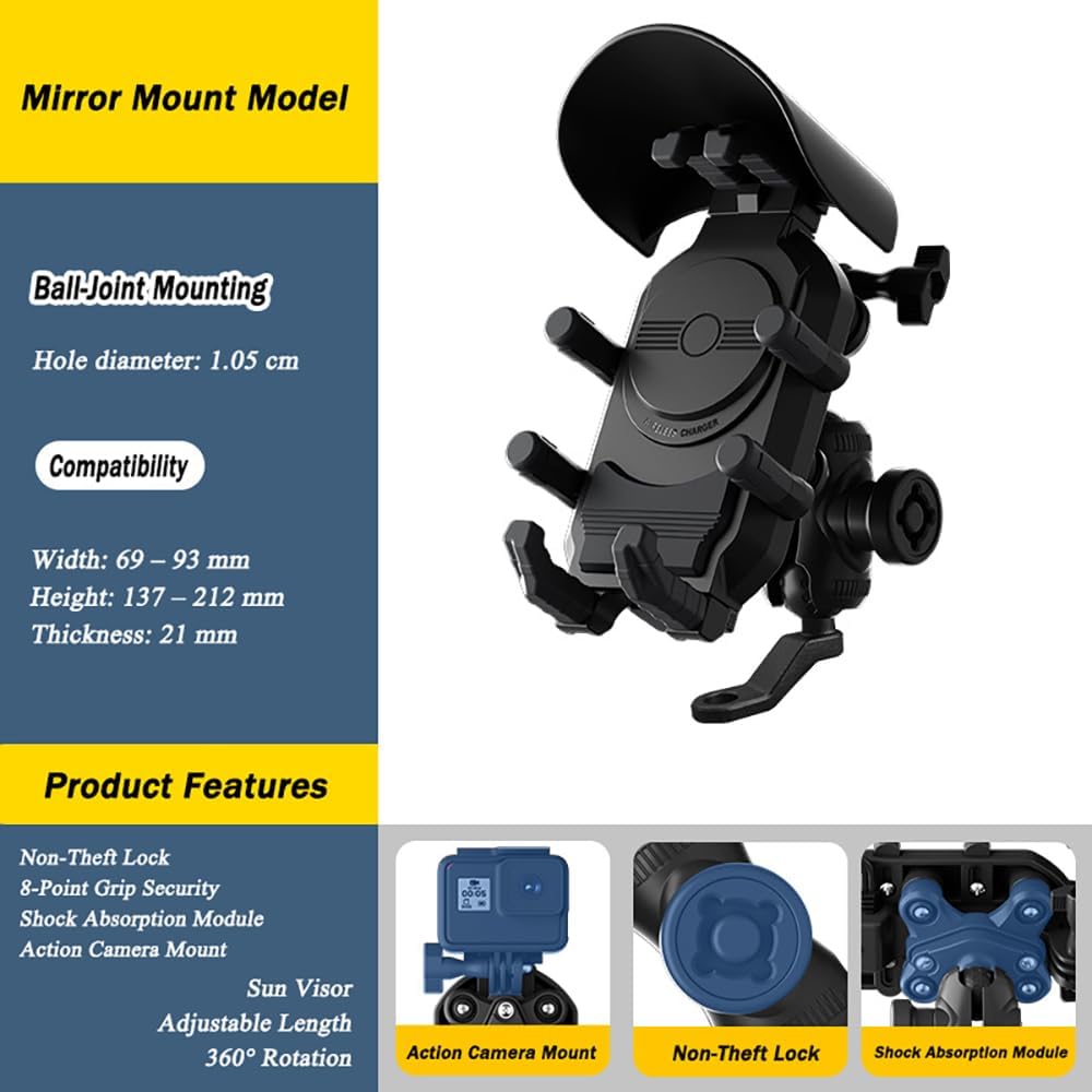 Motorcycle Phone Mount with Sunshade for KTM 890 Duke R (2021-2025), 360° Rotatable Shockproof Handlebar & Mirror