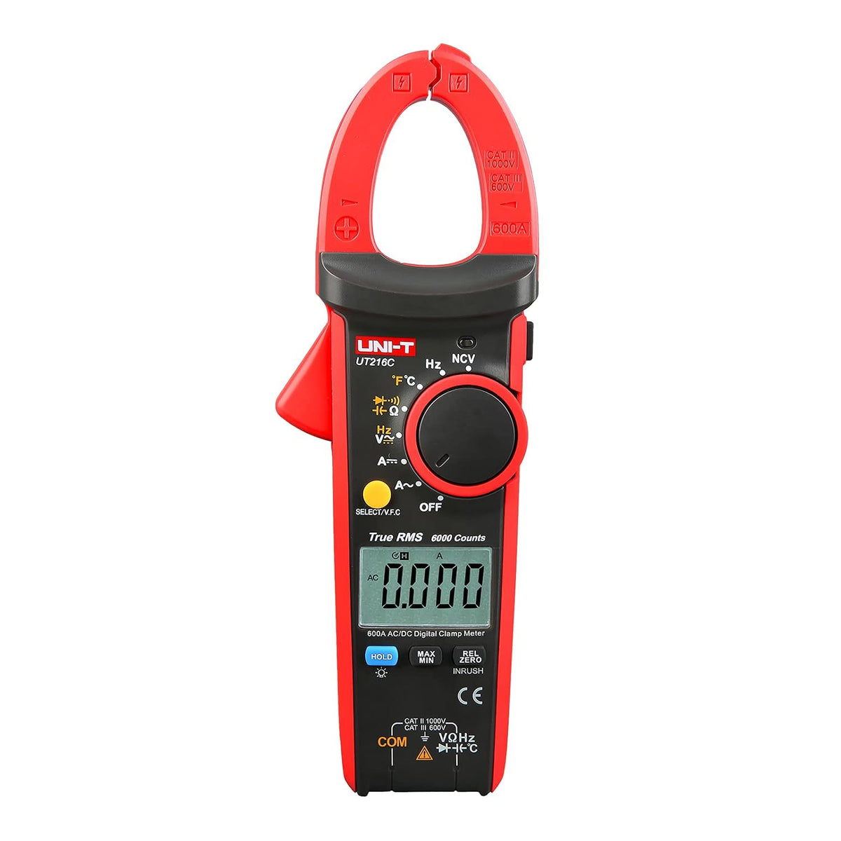 UNI-T Clamp Meter UT216C, Inrush Current AC/DC 600A TRMS HVAC Volt Amp Ohm Meter Multi Meter, Auto Ranging 6,000 Counts, Voltage Frequency Resistance Capacitance Temperature Continuity Diode Tester